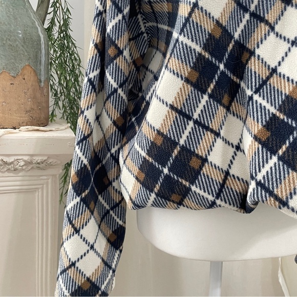 Vintage Plaid Navy Cream Preppy Pull Over Fleece half Zip Collared Jacket - Picture 3 of 9